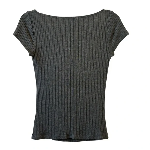 Reformation Ribbed Square Neckline Short Sleeve Gray Shirt Small - Picture 3 of 8